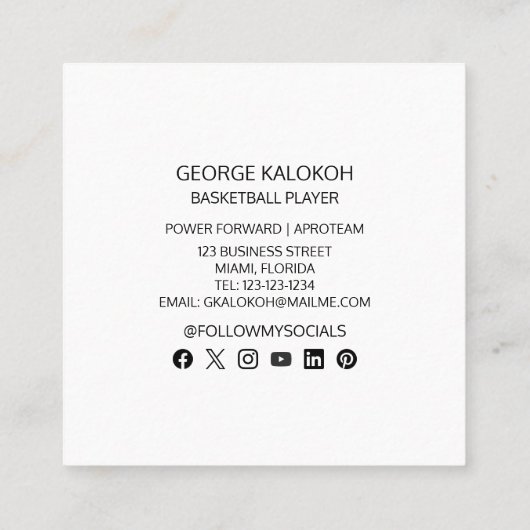 バスケットボールアスリートパーソナルトレーナーコーチ スクエア名刺 (裏面)