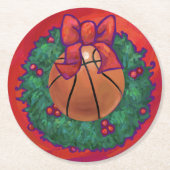 バスケットボールインサイドクリスマスリース ラウンドペーパーコースター (正面)