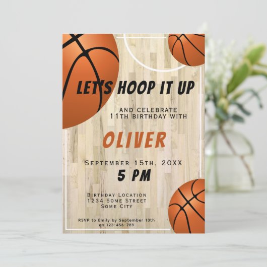 バスケットボールウッドフロアスポーツ子供の誕生日 招待状 (スタンド正面)