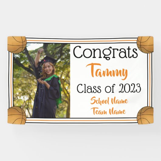 バスケットボールオレンジとブラックワンフォト卒業 横断幕 (横)