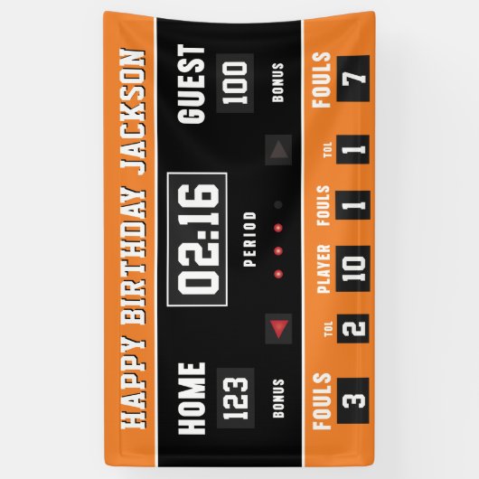 バスケットボールオレンジブラックスコアボードハッピーバースデー 横断幕 (縦)