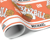 バスケットボールオンオレンジ&ホワイトストライプラッピング紙 ラッピングペーパー (ロールコーナー)