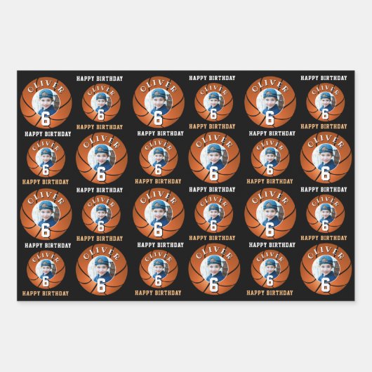 バスケットボールキッズハッピーバースデー時代写真 ラッピングペーパーシート (正面)