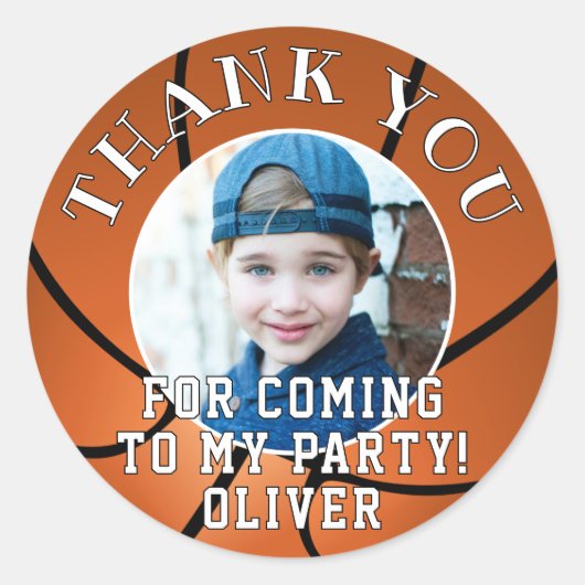 バスケットボールキッズフォト誕生日ありがとう ラウンドシール (正面)
