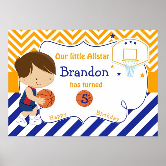 バスケットボールキュートブルネットボーイ誕生日 ポスター (正面)