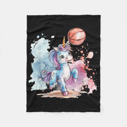バスケットボールキュートユニコーンバスケットボールオーバースケッチA フリースブランケット (正面)
