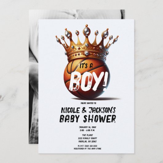 バスケットボールキング金ゴールドクラウンフォトベビーシャワー 招待状 (正面/裏面)