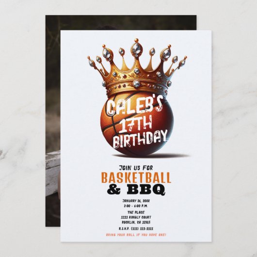 バスケットボールキング金ゴールドクラウンフォト誕生日 招待状 (正面/裏面)