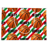 バスケットボールクリスマスアドストライプネーム赤n緑 ラージペーパーバッグ (裏面)