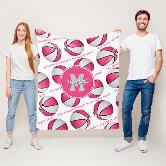 バスケットボールコートは私の幸せな場所ピンク フリースブランケット (インサイチュ)