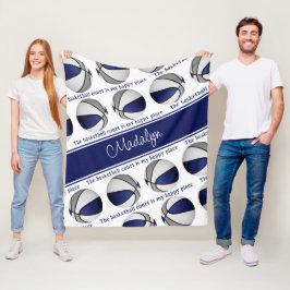 バスケットボールコート私の幸せな場所の女の子ブルー フリースブランケット