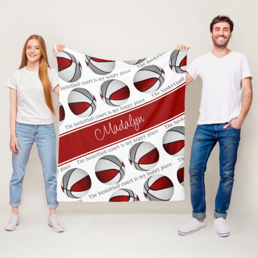 バスケットボールコート私の幸せな場所の女の子赤グレー フリースブランケット (インサイチュ)