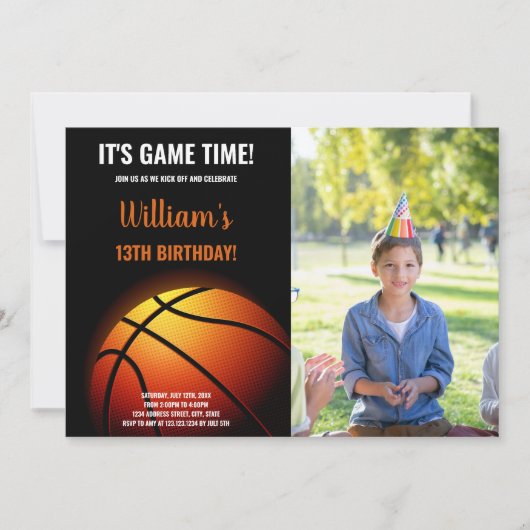 バスケットボールサンシャイン誕生日招待状と写真 招待状 (正面)