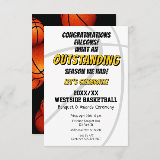 バスケットボールシーズンの男子の女子エンドのチームパーティー 招待状 (正面/裏面)