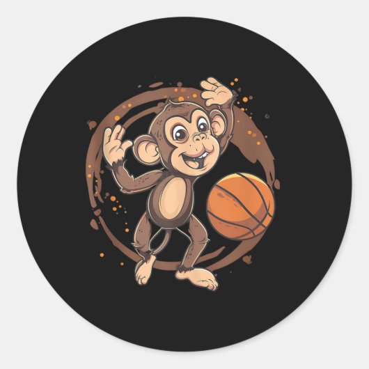 バスケットボールスケッチアートワークかわいいモンキーバスケットボール ラウンドシール (正面)
