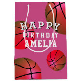 バスケットボールスポーツキッズハッピーバースデーピンク ミディアムペーパーバッグ (正面)