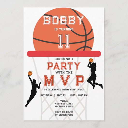 バスケットボールスポーツジャンプマンテーマウーマンガール誕生日 招待状 (正面)