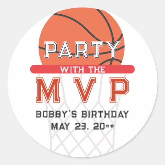 バスケットボールスポーツジャンプマンテーマ任意の年齢誕生日 ラウンドシール (正面)