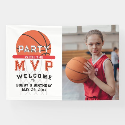 バスケットボールスポーツジャンプマンテーマ任意の年齢誕生日 横断幕 (横)