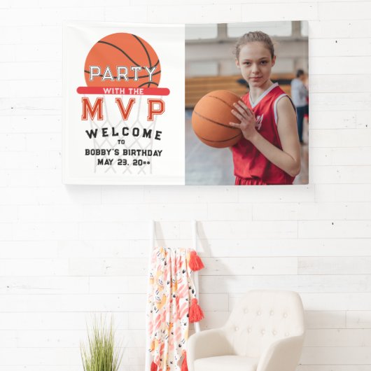 バスケットボールスポーツジャンプマンテーマ任意の年齢誕生日 横断幕 (インサイチュ)