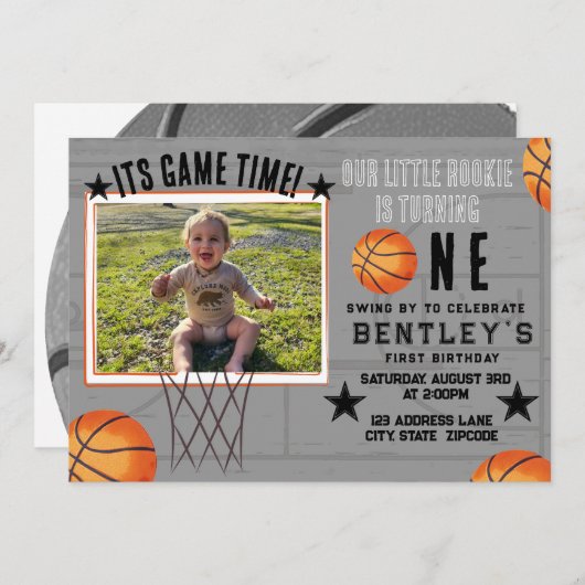バスケットボールスポーツファースト誕生日招待状 招待状 (正面/裏面)