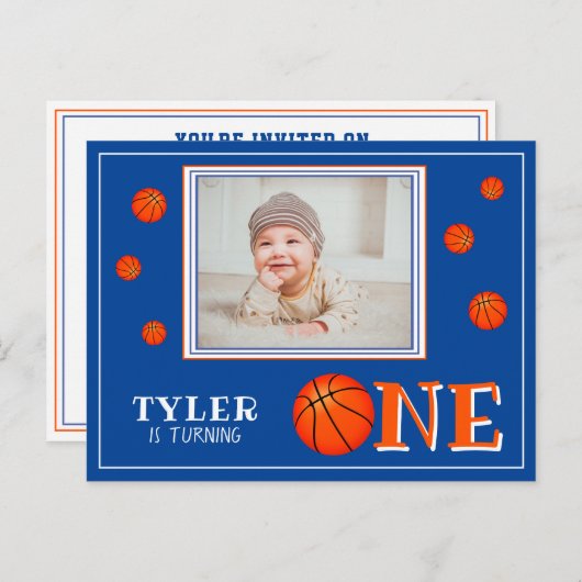 バスケットボールスポーツワンバースデーフォト インビテーションポストカード (正面/裏面)