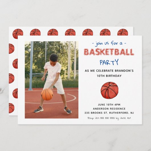 バスケットボールスポーツ子供の誕生日写真招待状 案内状 (正面/裏面)