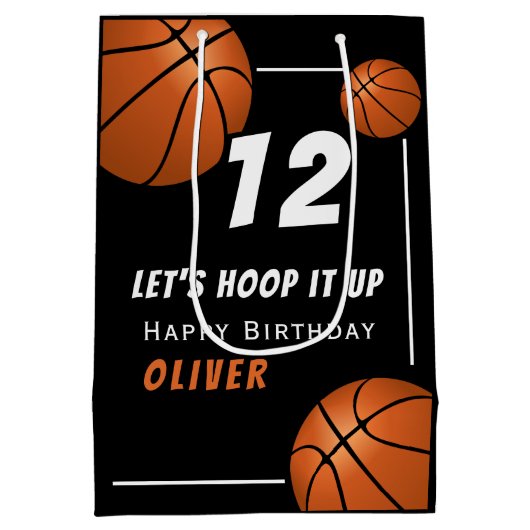 バスケットボールスポーツ子供の誕生日 ミディアムペーパーバッグ (裏面)