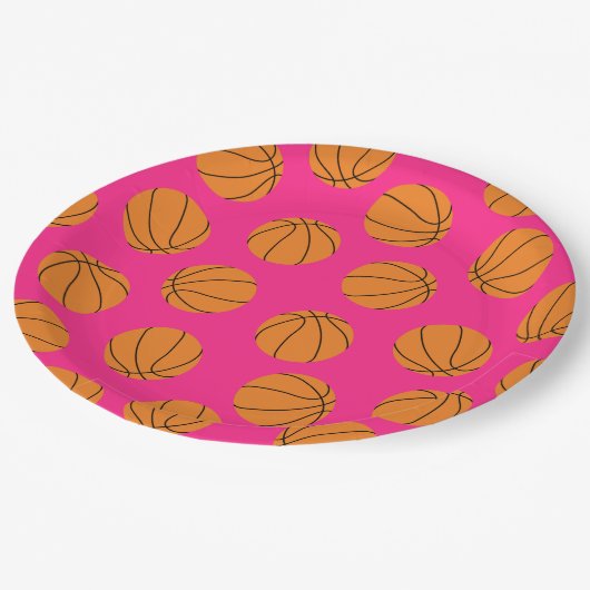 バスケットボールスポーツ誕生日パーティーピンク ペーパープレート (アングル)