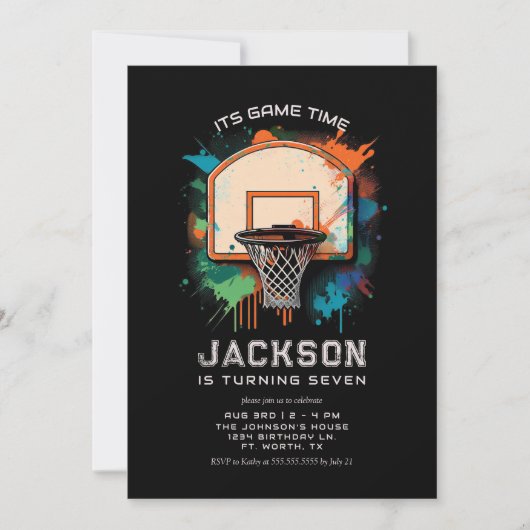 バスケットボールスポーティボーイバースデーパーティーへの招待 招待状 (正面)