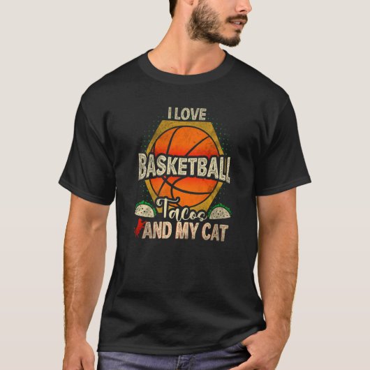 バスケットボールタコスとキャットバスケが大好遊き Tシャツ (正面)