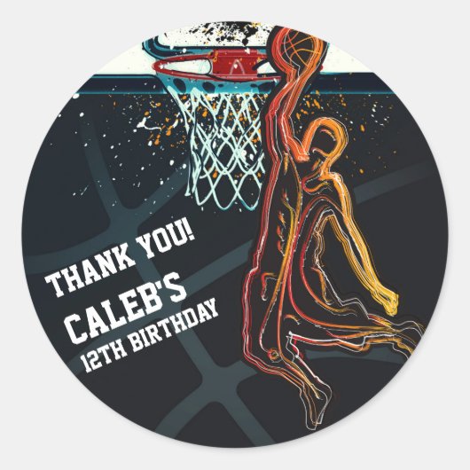 バスケットボールダンクジャンプショット誕生日パーティーの好意 ラウンドシール (正面)