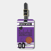 バスケットボールダークパープルとホワイトのパーソナライズ ラゲッジタグ (正面縦)