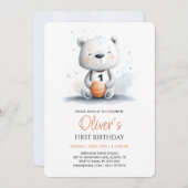 バスケットボールテディベアファースト誕生日招待状 招待状 (正面/裏面)