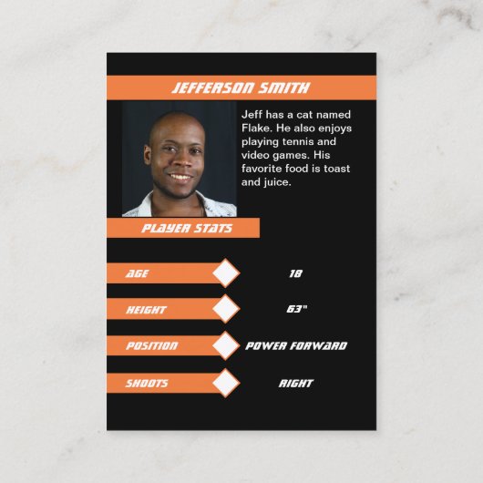 バスケットボールトレーディングカード（生き生きとしたオレンジ） コーリングカード (裏面)