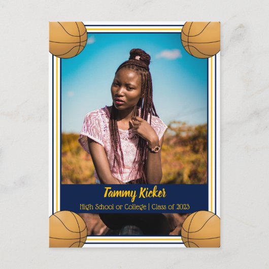バスケットボールネイビー&金ゴールド卒業 案内ポストカード (正面)