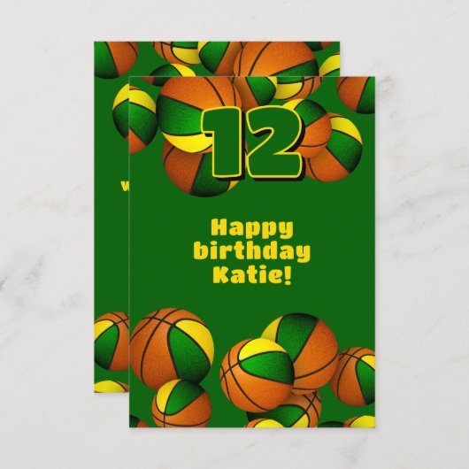 バスケットボールハッピーバースデーグリーン金ゴールドチームカラー カード (正面/裏面)