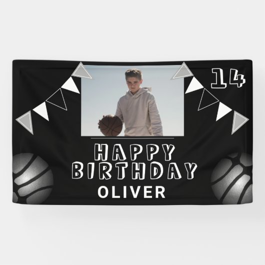 バスケットボールバンティングフラッグブラックフォト誕生日 横断幕 (横)