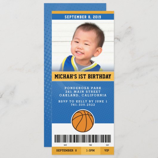 バスケットボールバースデーパーティーの招待(青と金ゴールド) 招待状 (正面/裏面)