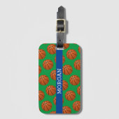 バスケットボールパターン、ホワイトネーム、青と緑 ラゲッジタグ (正面縦)