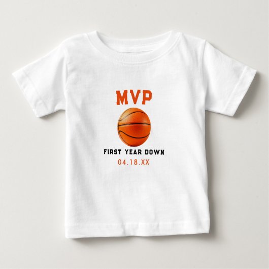 バスケットボールファーストイヤーダウン 1歳誕生日 ベビーTシャツ (正面)