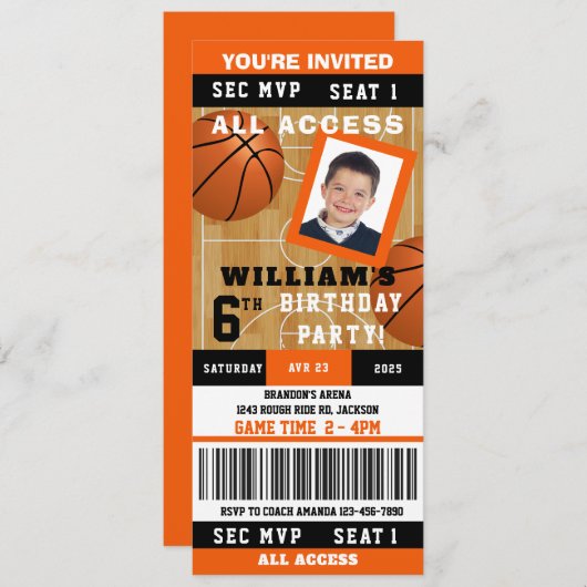 バスケットボールフォトバースデーパーティーチケット招待状 招待状 (正面/裏面)