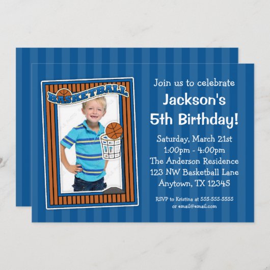 バスケットボールフォトバースデーパーティー青招待状 招待状 (正面/裏面)