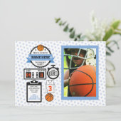 バスケットボールフォト誕生日スポーツパーティーブルーボーイズ 招待状 (スタンド正面)