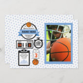 バスケットボールフォト誕生日スポーツパーティーブルーボーイズ 招待状 (正面/裏面)