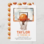 バスケットボールフープ水彩バースデーパーティー 招待状 (正面/裏面)