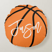 バスケットボールブラックオレンジ名前をカスタムする ラウンドクッション (正面)
