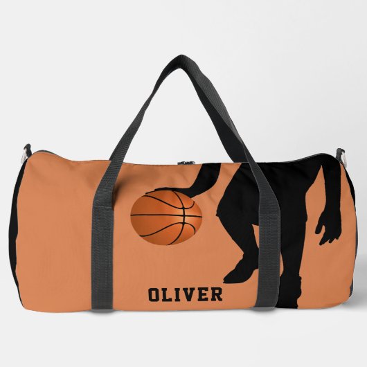 バスケットボールブラックプレーヤーシルエットキッズ名 ダッフルバッグ (正面)