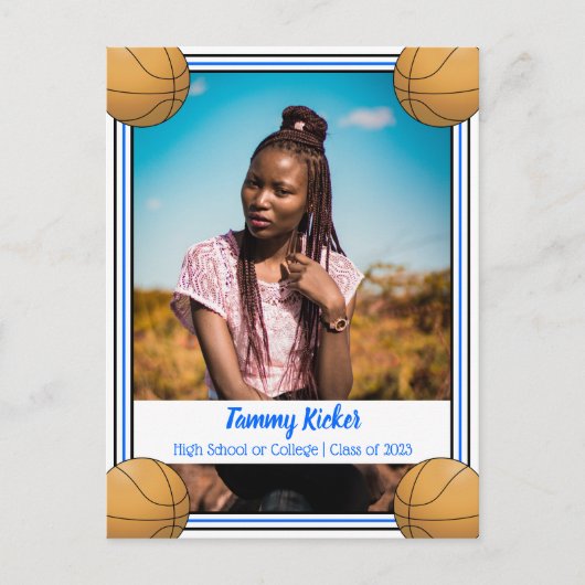 バスケットボールブルー&ブラック卒業 案内ポストカード (正面)