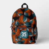 バスケットボールプレイヤーティール(緑がかった色)のグレーチームカラー プリントバックパック (正面)